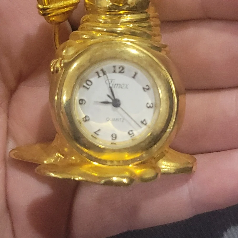 Vtg Timex Brass gold Tone Desk Clock Paperweight Snowman
